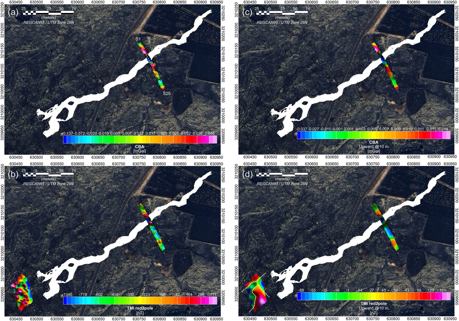 Four map panels of the survey area. Top row: gravity anomaly, measured and after upward continuation. Bottom row: magnetic anomaly, measured and after upward continuation. The white outline of the laser-scanned tube crosses each panel.