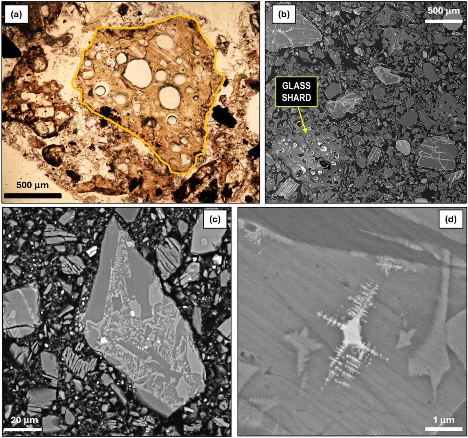 Four microscope panels of the LMS-1D simulant: a glass shard full of round bubbles under polarised light, the same powder in electron microscopy, one glassy grain with feathery crystals, and a close-up of a single dendrite.